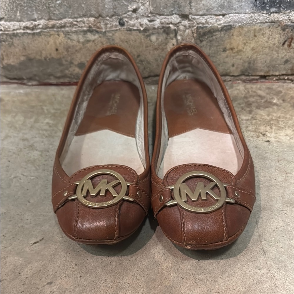 Michael Kors Brown Leather MK Logo Round-Toe Flats